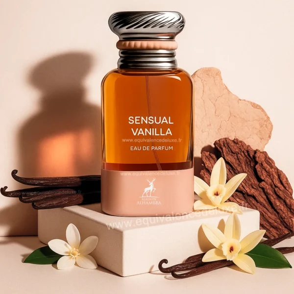 Flacon Sensual Vanilla Maison Alhambra 80 ml posé avec gousses de vanille et fleurs blanches